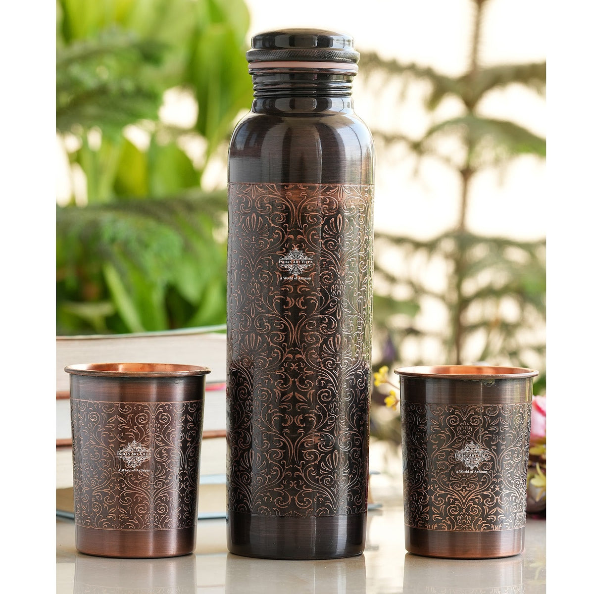 Pure Copper Antique Embossed Bottle Gift Set