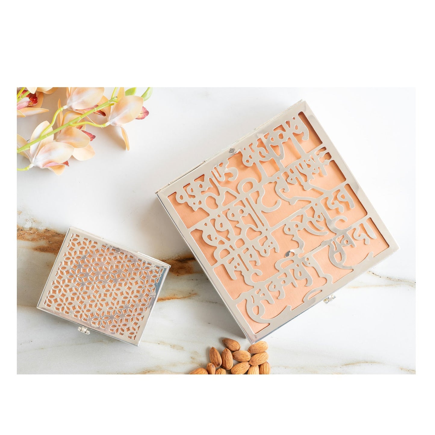 Silver Plated Copper Decorative Box with Ganesh Ji Mantra Design