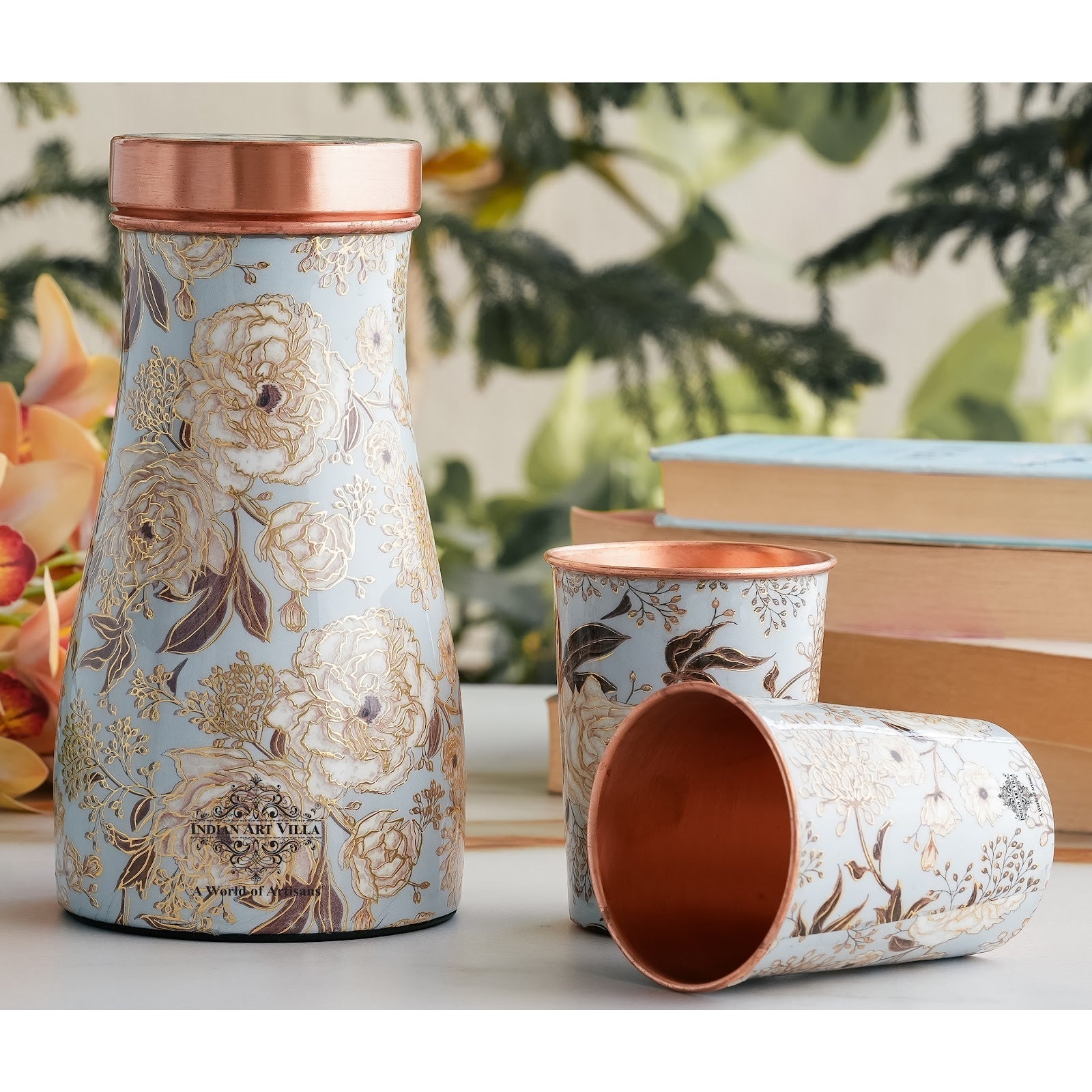 Copper Gold Printed Bedroom Bottle with 2 Glass Set – 900 ML Bottle & 300 ML Glass