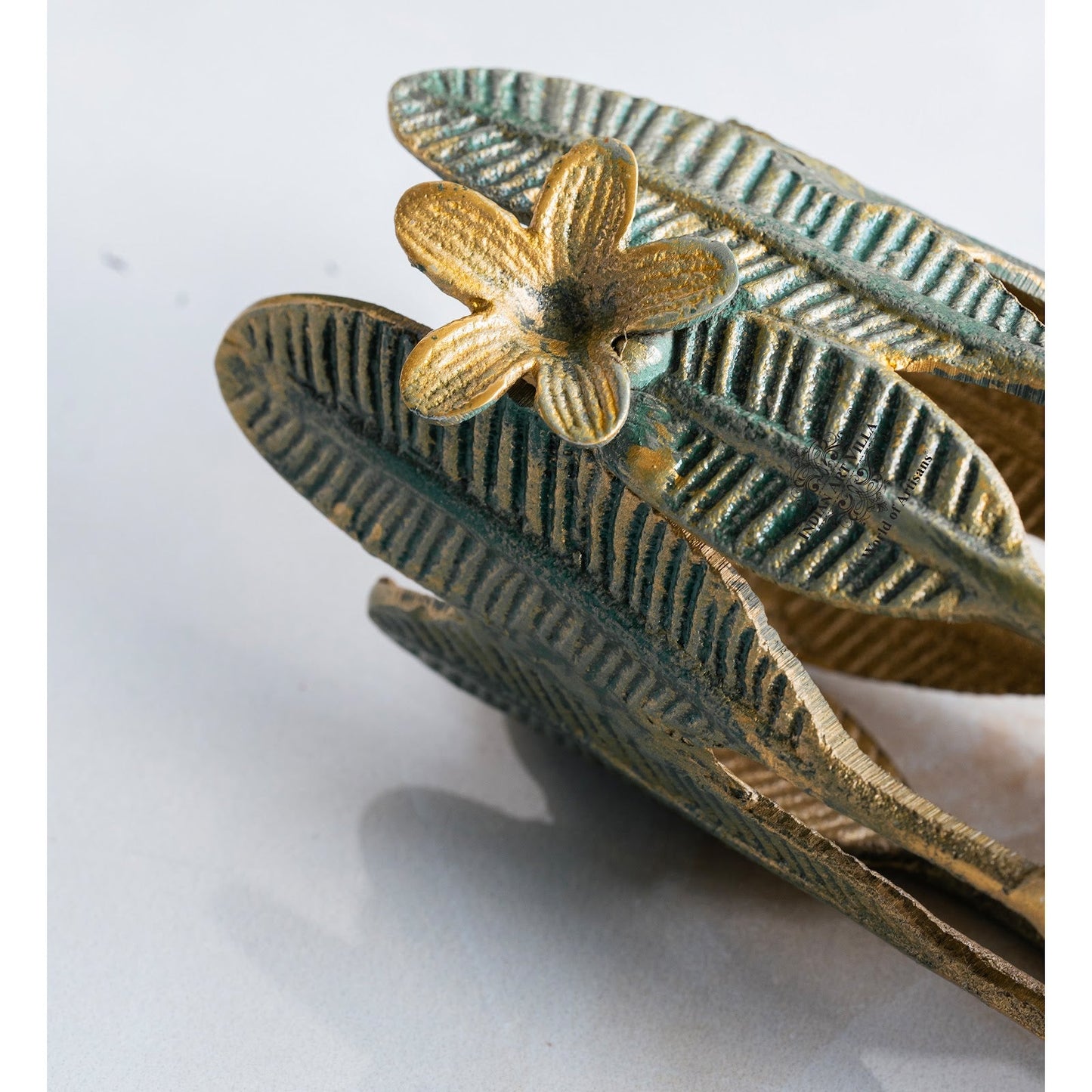 Gold Finish Green Leaf Design Decorative Cutlery Stand– Elegant Handcrafted Multipurpose Holder, Ideal for Dining Table, Kitchen, and Gifting