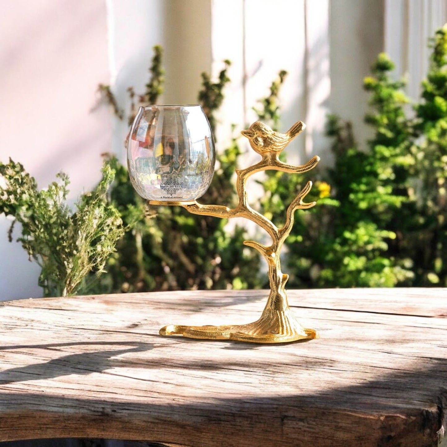 Gold Finish Decorative Candle Holder with Tree Bird Design – Elegant Home Decor Accent For Decoration And Gifting