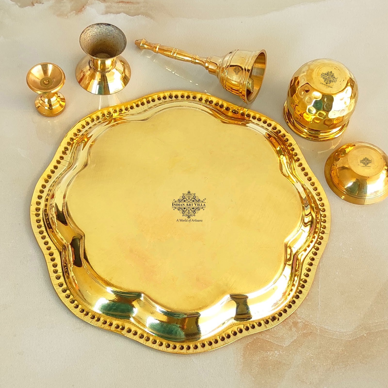 Brass Floral Embossed Design 6 Pieces Pooja Thali Set, Religious Spiritual Item, Home Temple, Width-20.83 cm