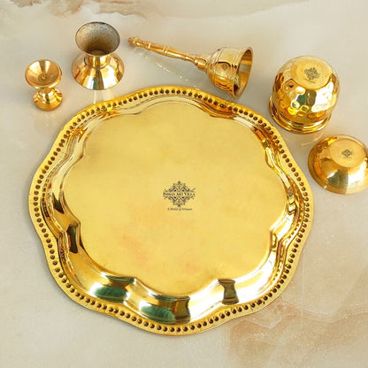 Brass Floral Embossed Design 6 Pieces Pooja Thali Set, Religious Spiritual Item, Home Temple, Width-20.83 cm