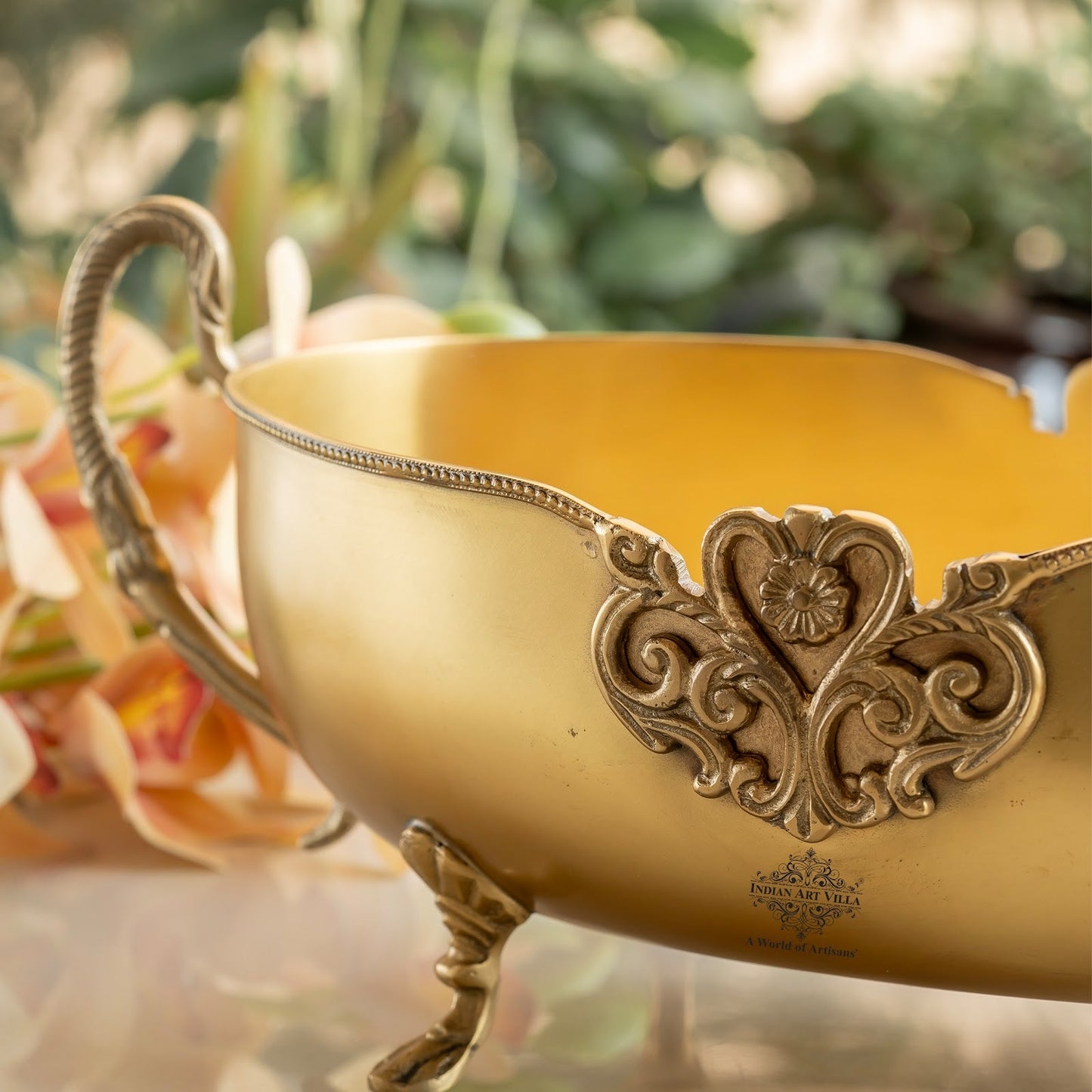 Brass Bowl Embossed Design With Decorative Style Handle