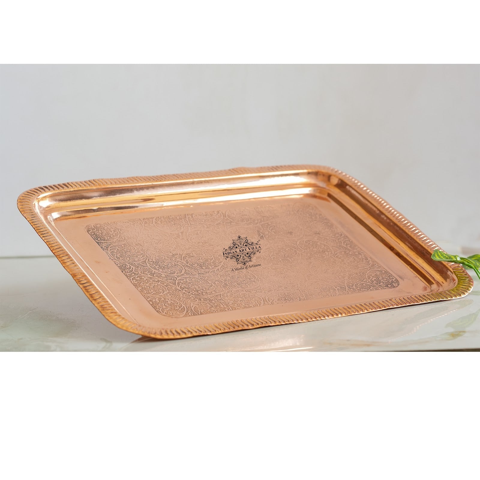Pure Copper Embossed Flower Design Rectangular Tray - 26.92 cm Length