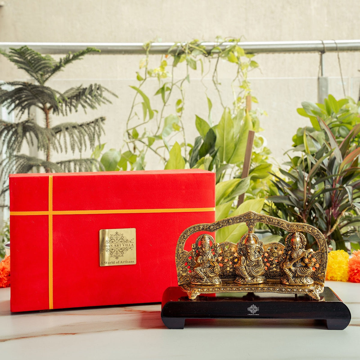 Brass Finish Ganesh, Laxmi & Saraswati Idol with Velvet Gift Box