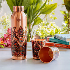 Pure Copper Madhubani Print Bottle & 2 Glass Gift Set – 940 ML