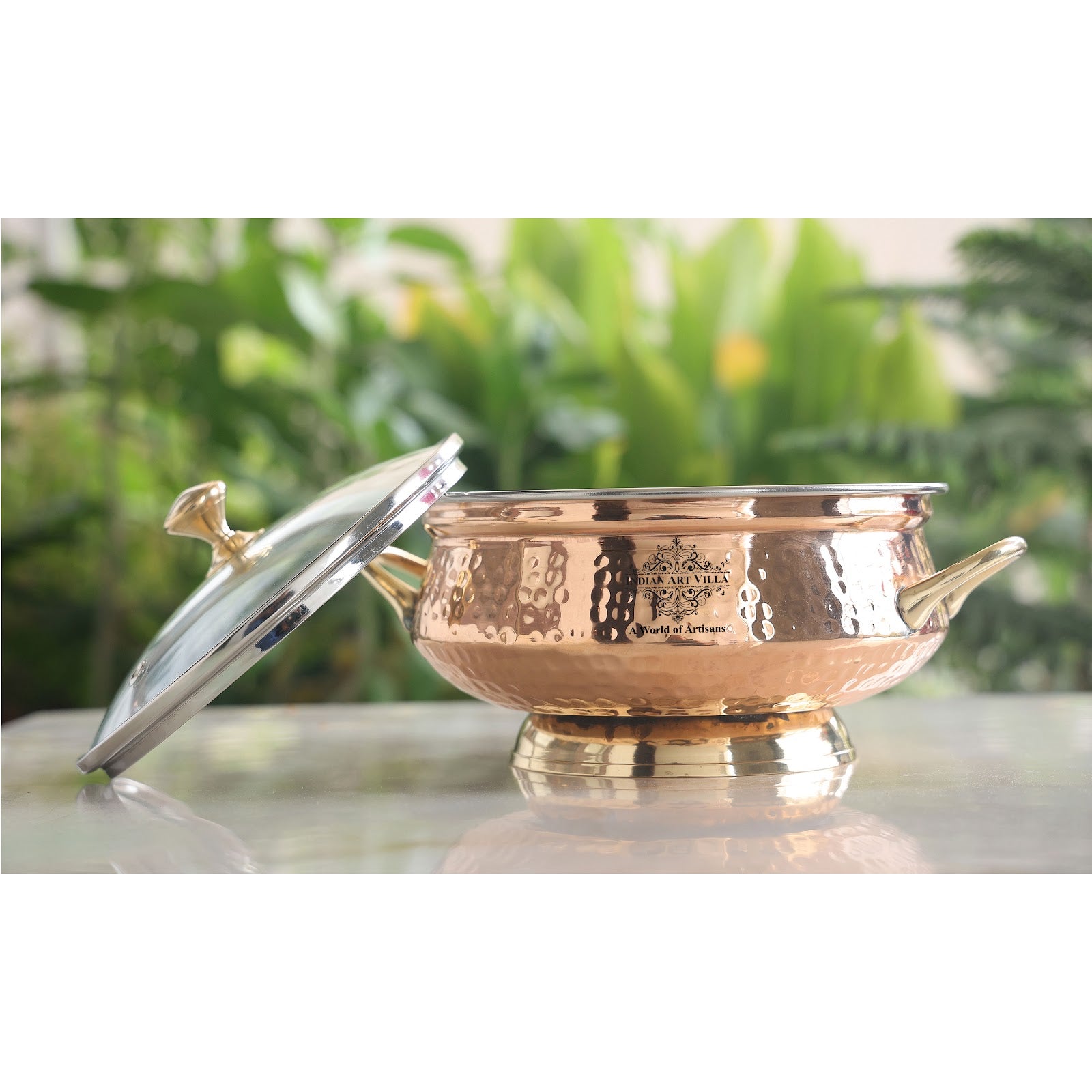 Handmade Steel Copper Hammer Mughlai Handi with Brass Handle, Bottom and lid- 23.37 cm Width, No.4