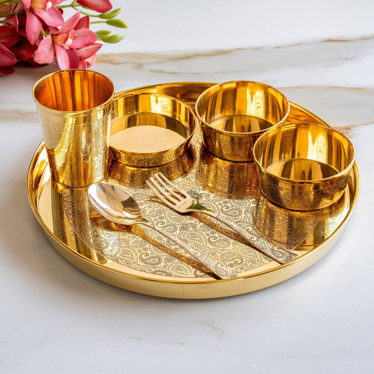Pure Brass Embossed Thali Set 31.75 cm with Bowls, Spoon & Glass