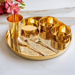 Pure Brass Embossed Thali Set 31.75 cm with Bowls, Spoon & Glass