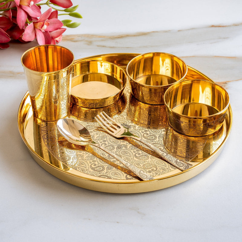 Pure Brass Embossed Thali Set 31.75 cm with Bowls, Spoon & Glass