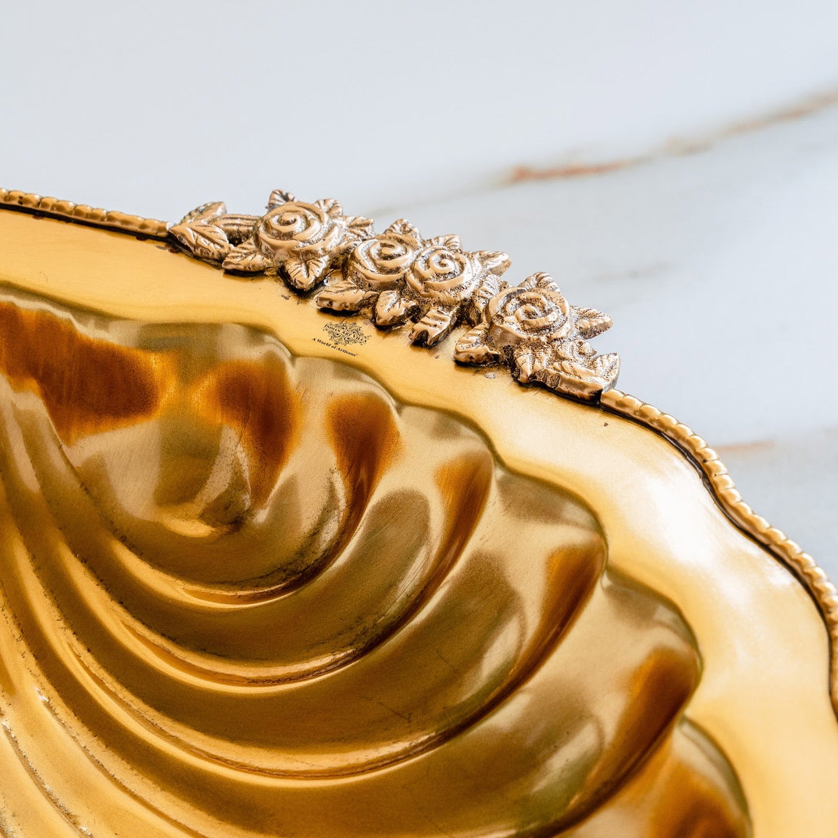 Pure Brass Decorative Platter with Scalloped Edge & Ornate Design - 33.78 cm