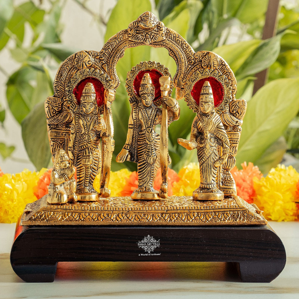 Brass Finish Ram Darbar Murti with Wooden Base for Home Temple