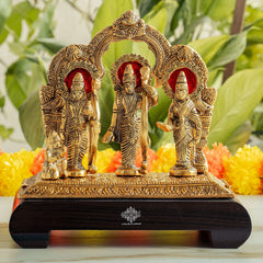 Brass Finish Ram Darbar Murti with Wooden Base for Home Temple