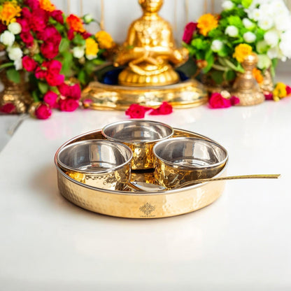 Brass Mukhwas Set – 3 Bowls with 8-Inch Hammered Plate & Spoon | Perfect for Serving Mouth Fresheners, Dry Fruits, Sweets at Home, Parties, Restaurants, and Festive Occasions