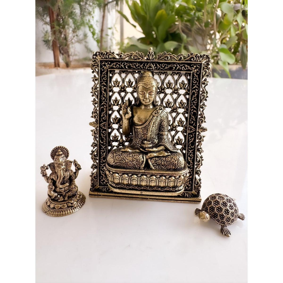 Pure Brass Miniature Buddha, Ganesha & Tortoise Murti Combo For Office Desk