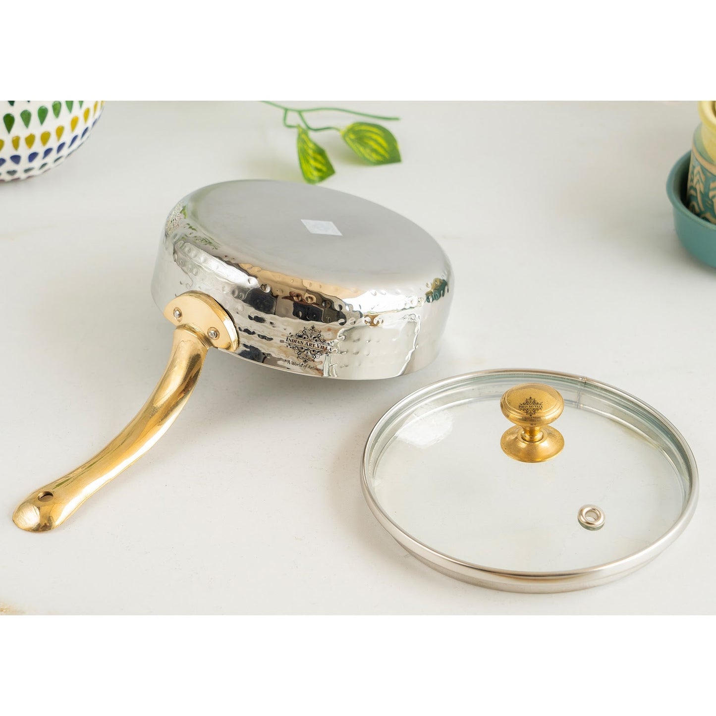 Stainless Steel Hammered Serving Fry Pan with Brass Handle and Glass Lid