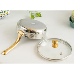 Stainless Steel Hammered Serving Fry Pan with Brass Handle and Glass Lid