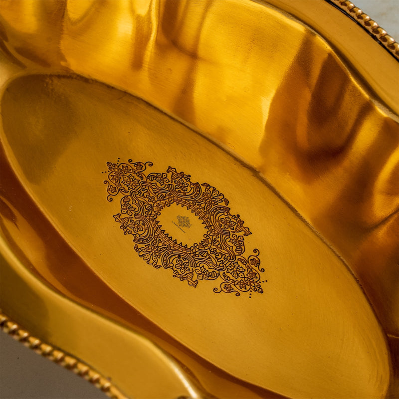 Pure Brass Oval Tray With Antique Floral Design For Home Décor - 31.75 cm