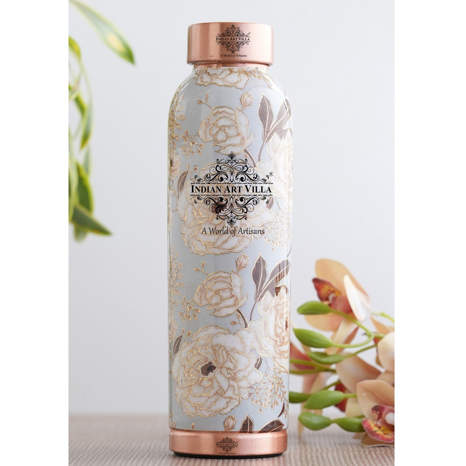 Pure Copper Water Bottle with Different Gold Print Designs, 900 ML