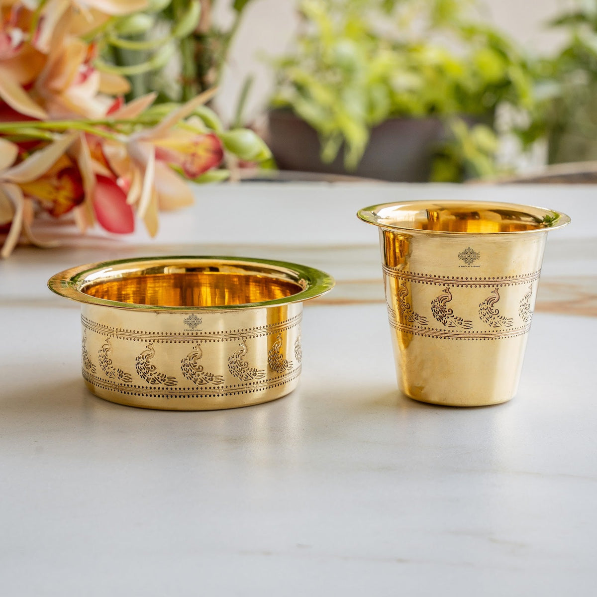 Brass Filter Coffee Dabra Set with Peacock Design