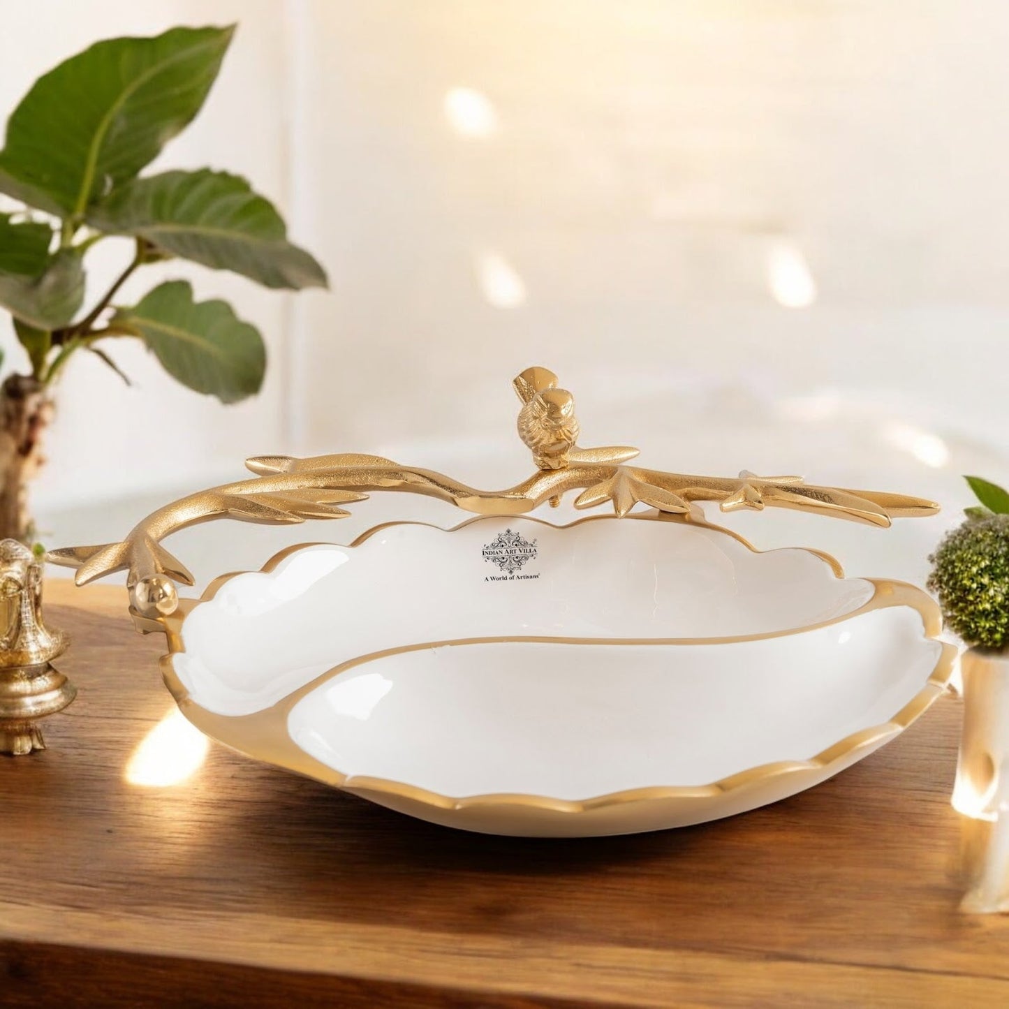 Brass Finish Decorative Serving Platter with Bird Design, Serveware for Home Décor, Gifting, and Special Occasions