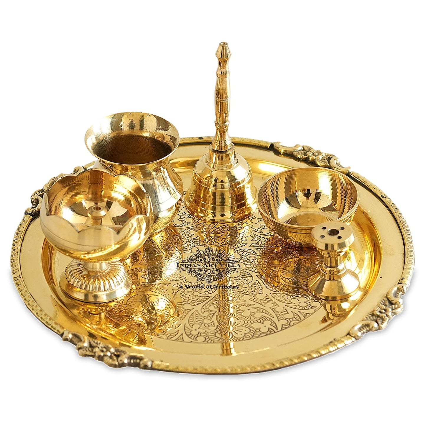 Pure Brass Embossed Puja Thali Set, 6 Pieces Set, 20.32 cm, Poojan Purpose, Spiritual Gift Item