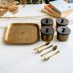 Antique Hammered Brass Finish Condiment Bowl Set of 4 With Lid & Spoon