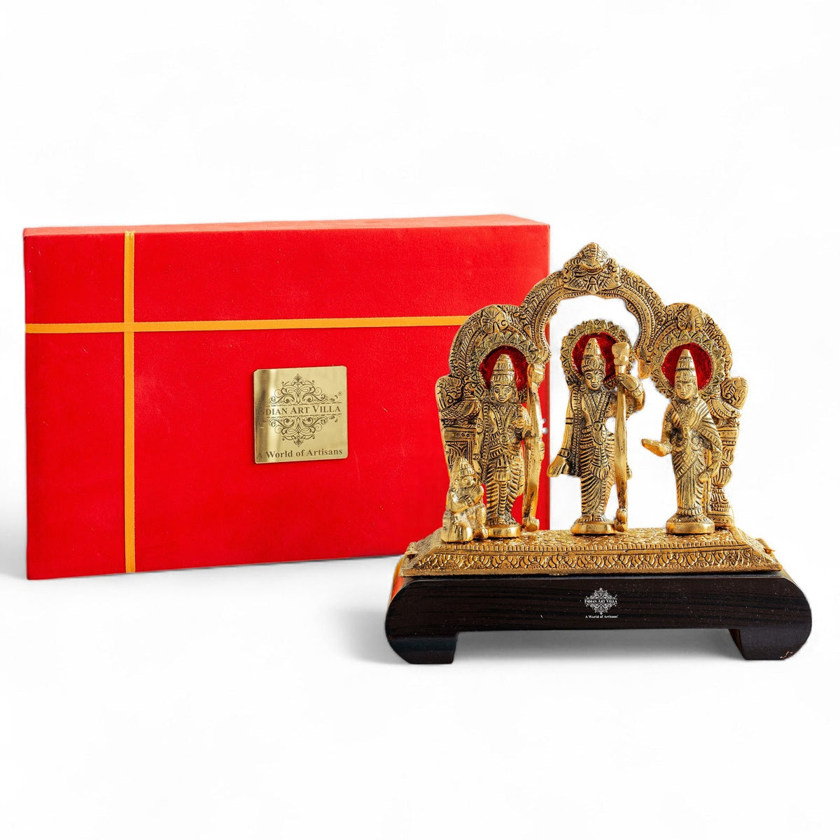 Brass Finish Ram Darbar Murti with Wooden Base for Home Temple