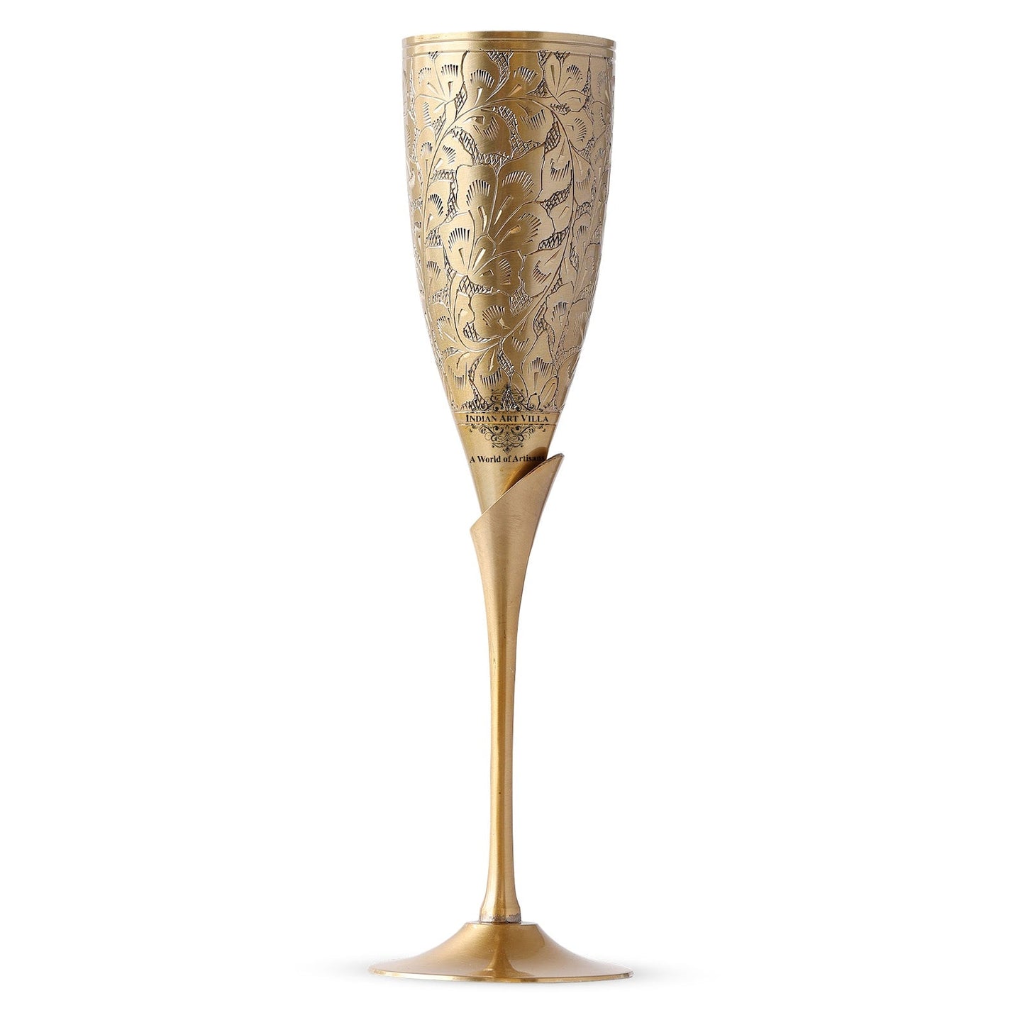 Handcrafted Pure Brass Embossed Design Flute Champagne Glass, Barware, Drinkware, Volume- 170 ML