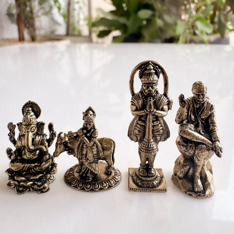 Pure Brass Miniature Divine Idol Combo of Ganesha, Krishna, Hanuman ji & Sai Baba