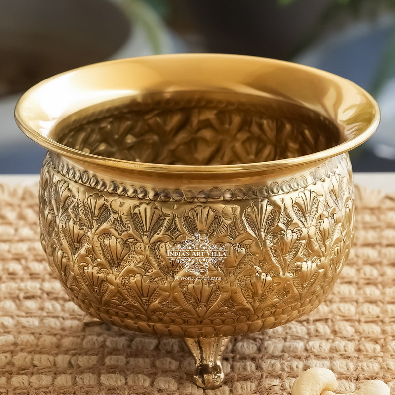 Pure Brass Handcrafted  Dry Fruits Bowl with 3 Legs And Embossed Flower Design