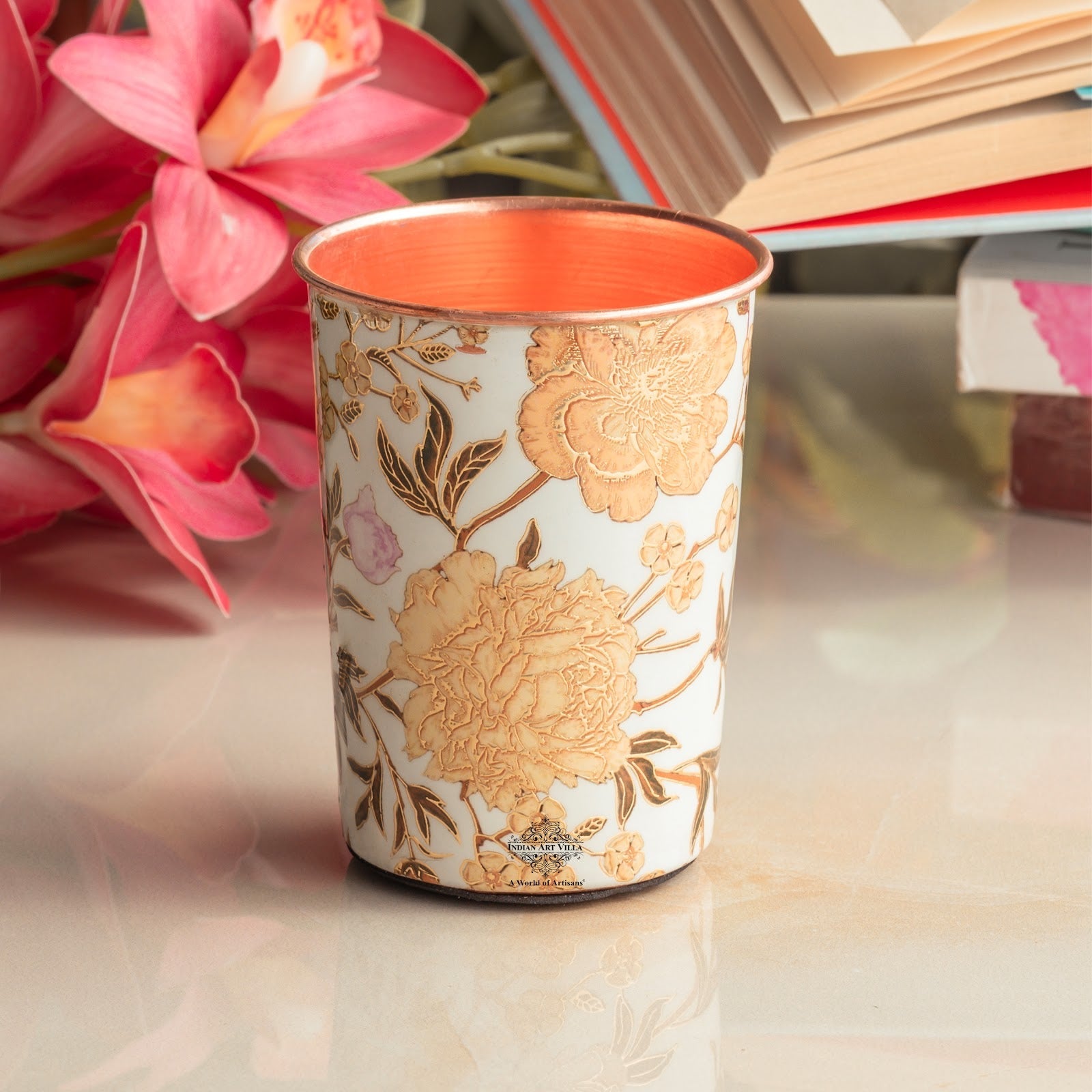Pure Copper Gold Flower Print Glass – 275 ML