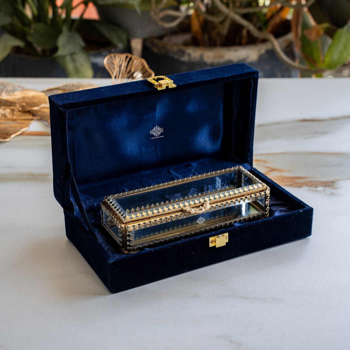 Brass & Glass Embossed Decorative Box for Home Decor & Gifting