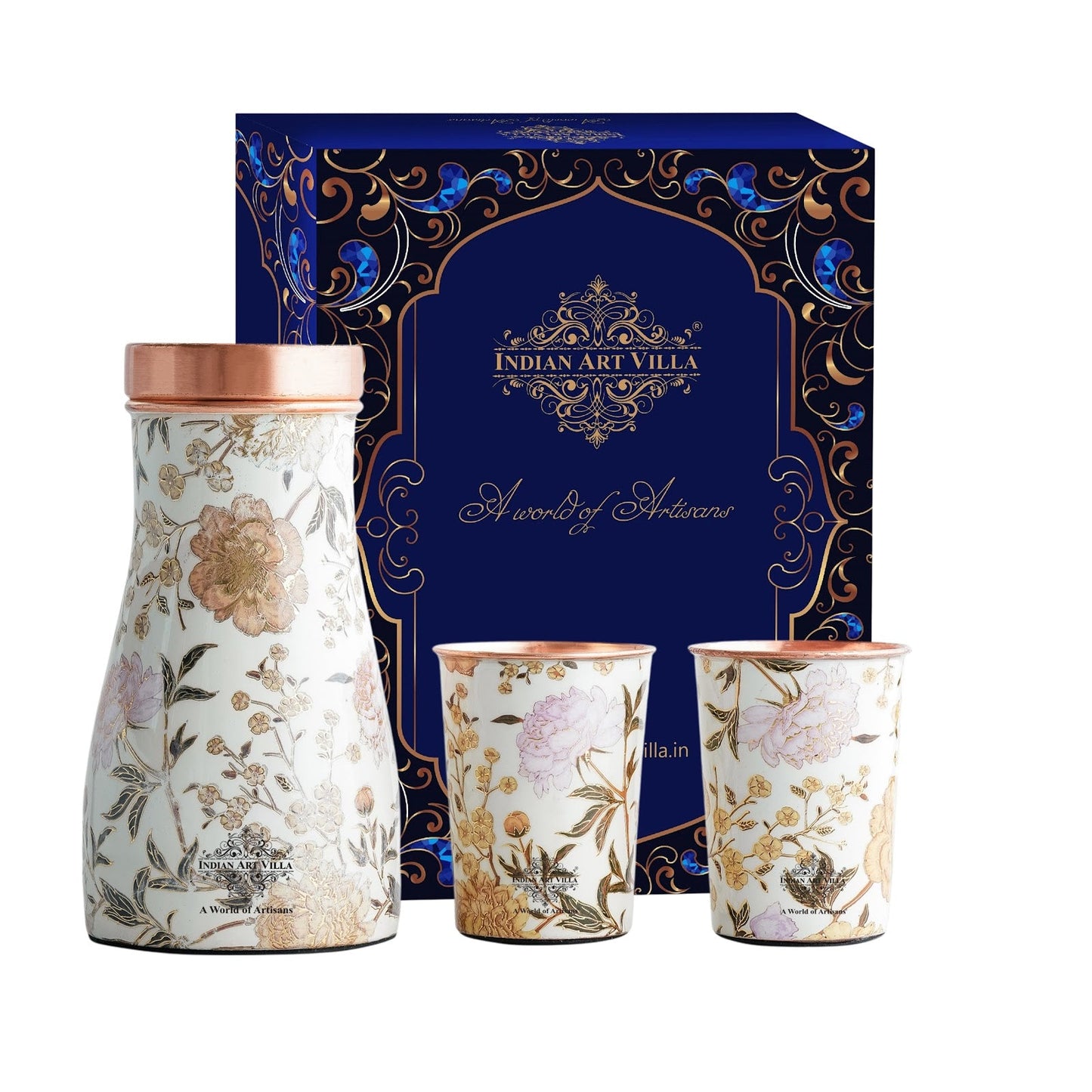 Copper Gold Printed Bedroom Bottle with 2 Glass Set – 900 ML Bottle & 300 ML Glass