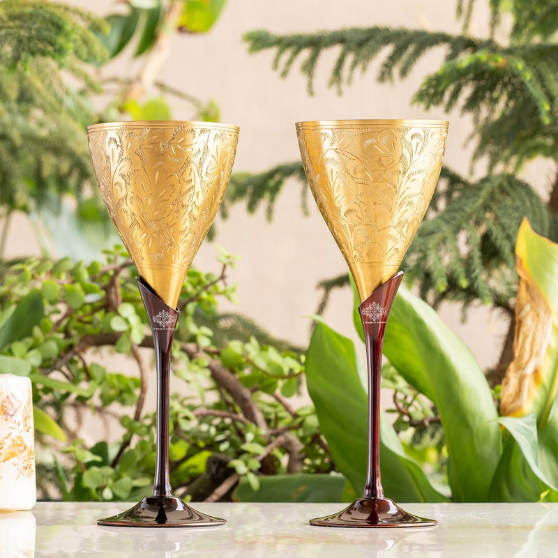 Brass champagne Embossed Glass With Black Bottom Stand - 200 ML