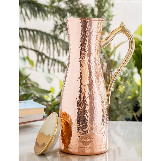 Copper Jug with Hammered Curve Design, Brass Handle & Lid – 1400 ML