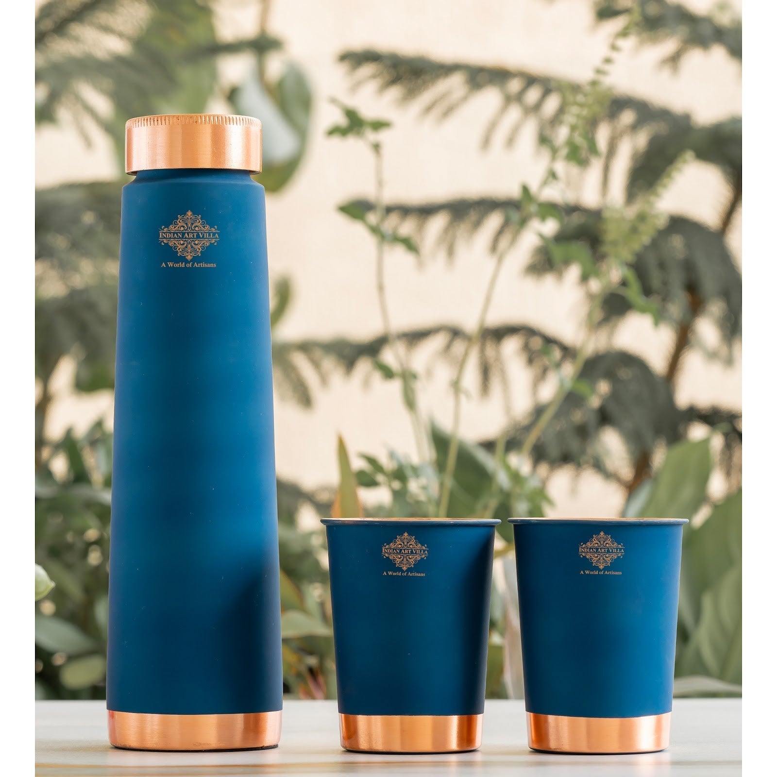 Pure Copper Bottle And Glass Set With Silk Finish Pyramid Design