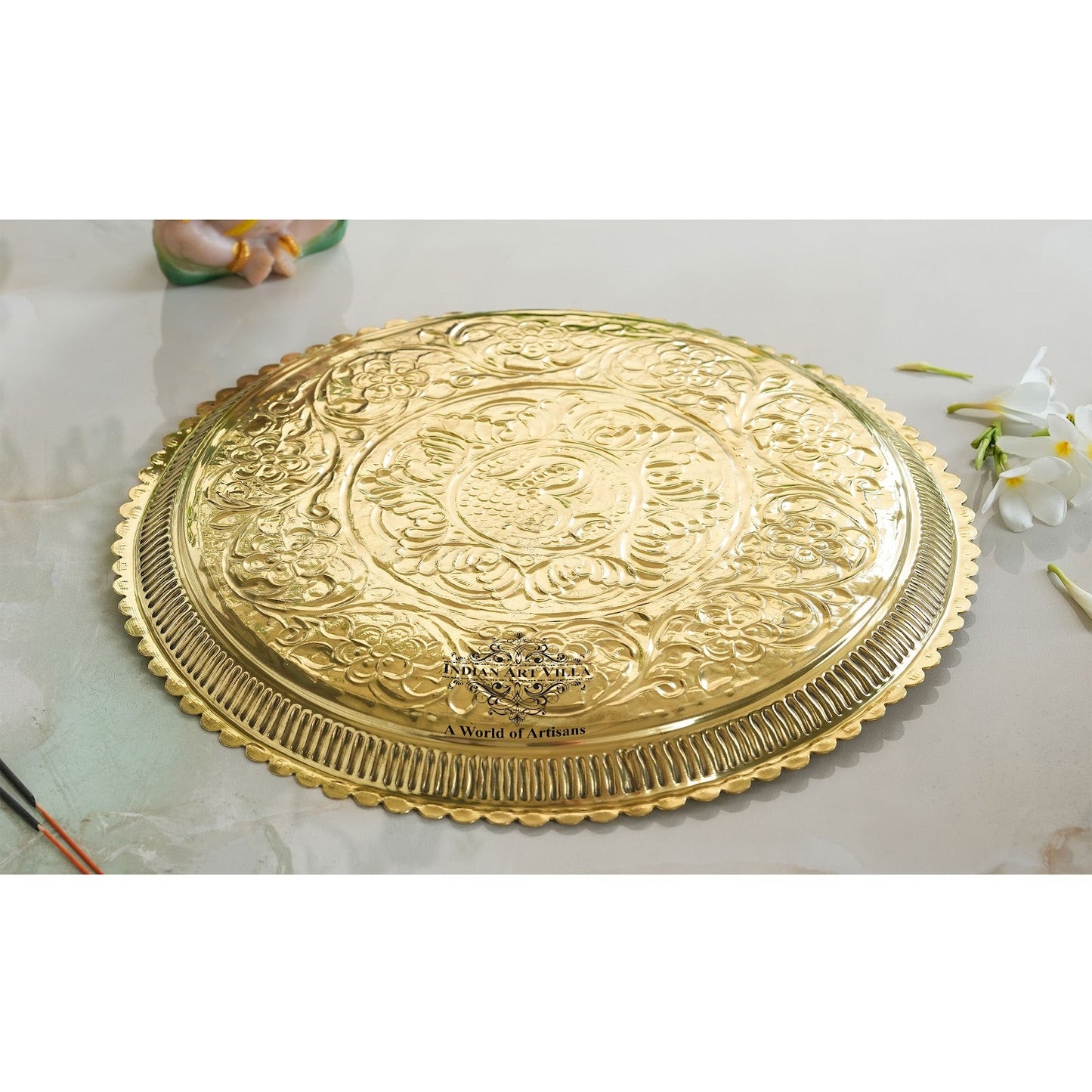 Pure Brass Om Design Pooja Thali Plate | Poojan Temple Home |Diameter 34.04 CMS