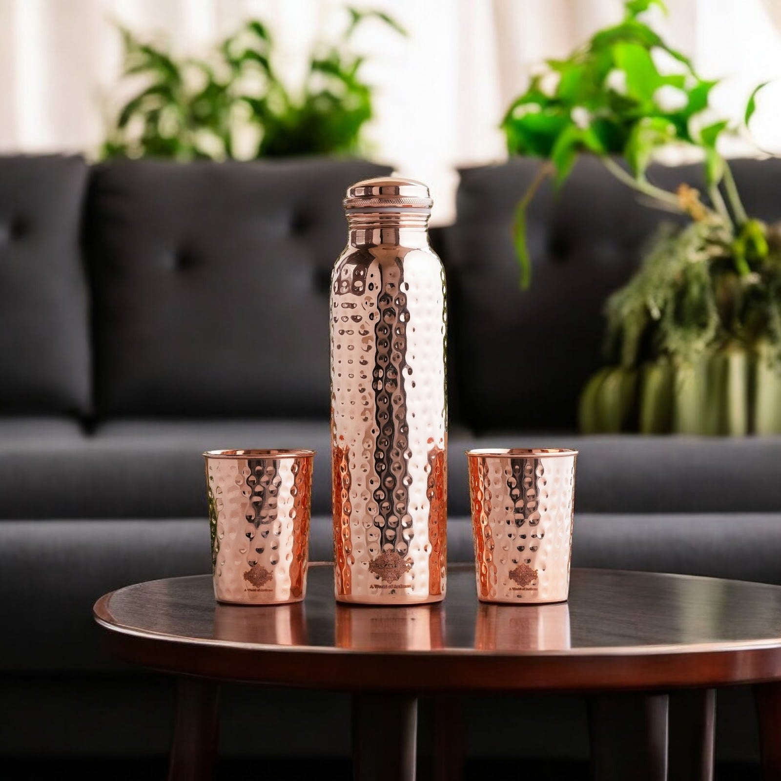 Pure Copper Hammered Leak Proof Water Bottle & Two Glass