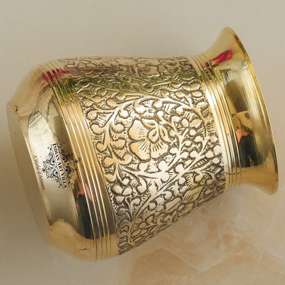 Pure Brass Glass Parsi Lota Embossed Design, Spiritual Item