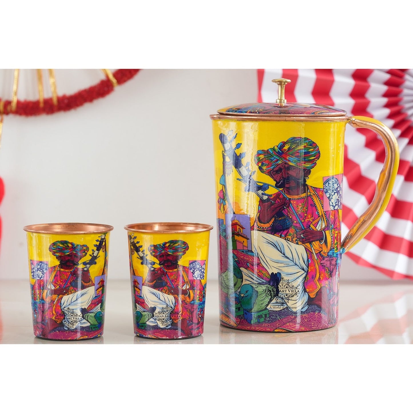 Pure Copper Printed Padharo Mhare Desh Jug & Glass Gift Set