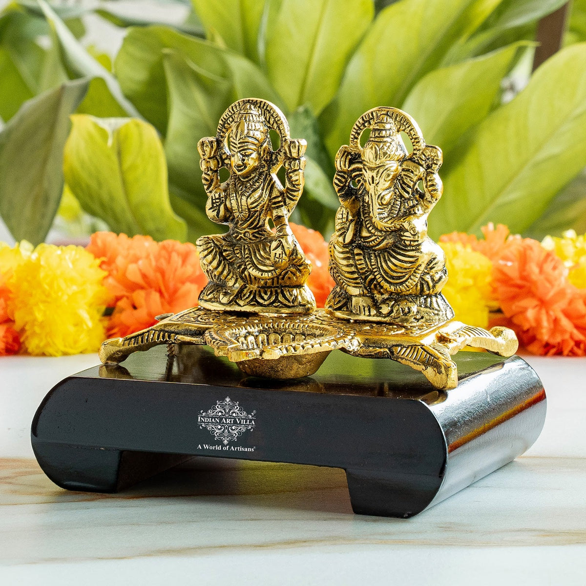 Brass Finish Ganesh Ji With Laxmi JI Murti with Wooden Base