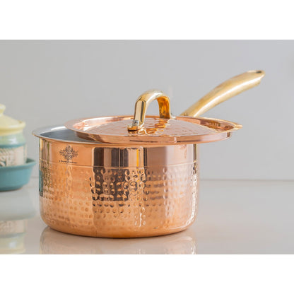Indian Art Villa, Pure Copper Hammer Long Handle Sauce Pan With Inside Tin Lining And Lid, Copper Cookware & Serveware