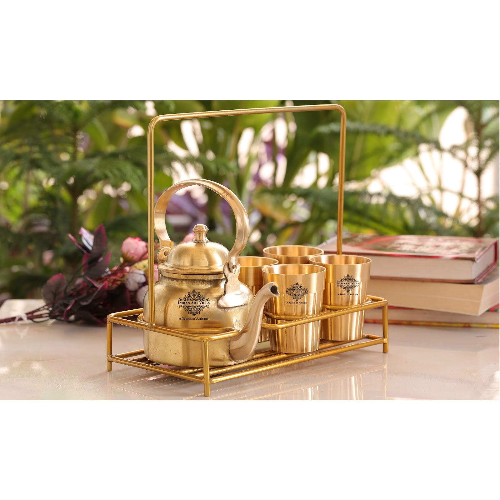 Handmade Pure Brass Tea Kettle with 4 Brass Tea Cups with Serving Stand