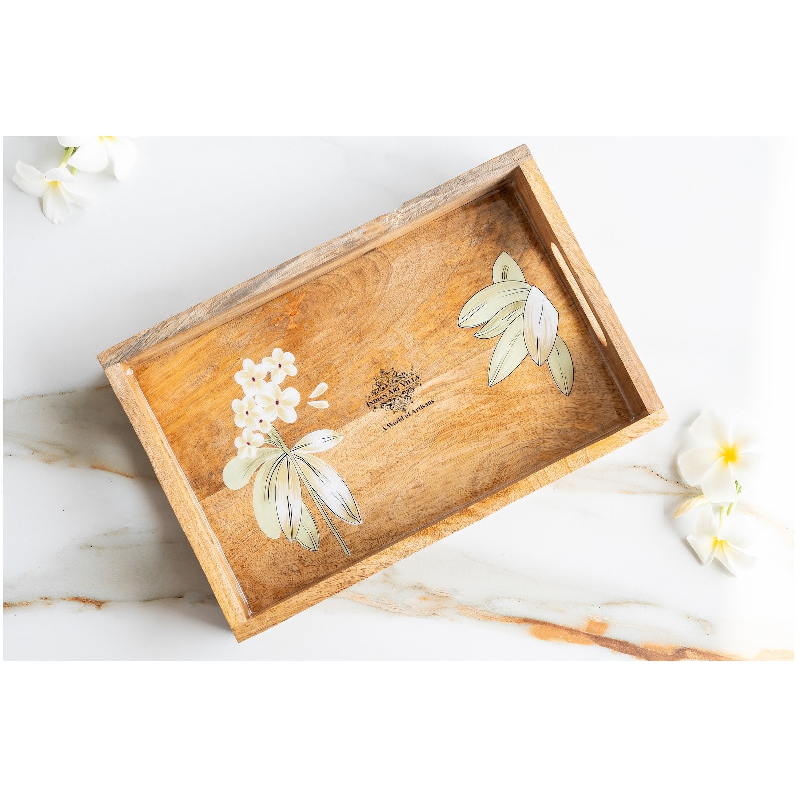 Wooden Tray with Plumeria Flower Design, Multipurpose Serving Tray for Tea, Coffee, Snacks, Home Decor, Gift Hampers