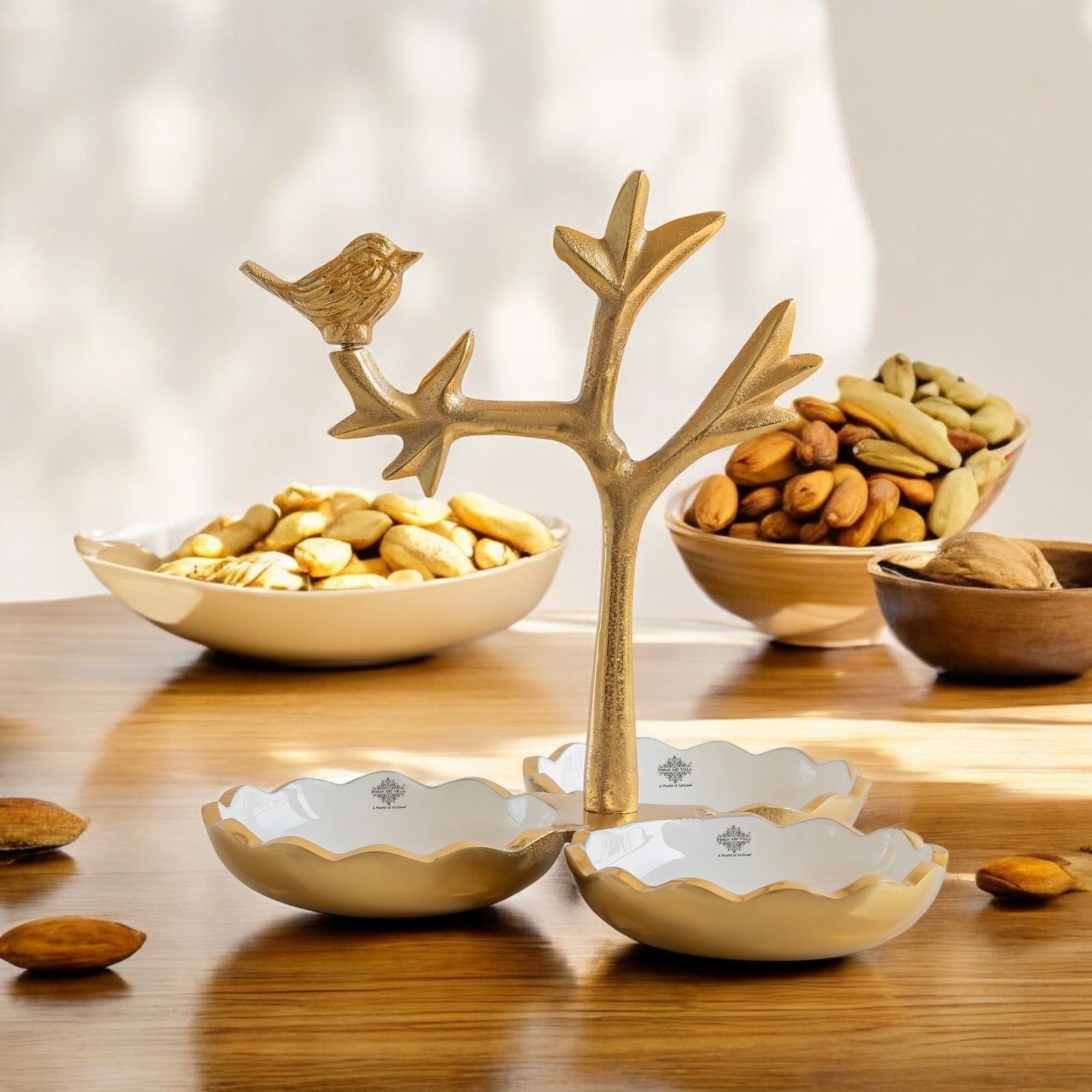 Brass Finish Decorative Dry Fruit Bowl with Bird Design – 3 Components, 170 ML