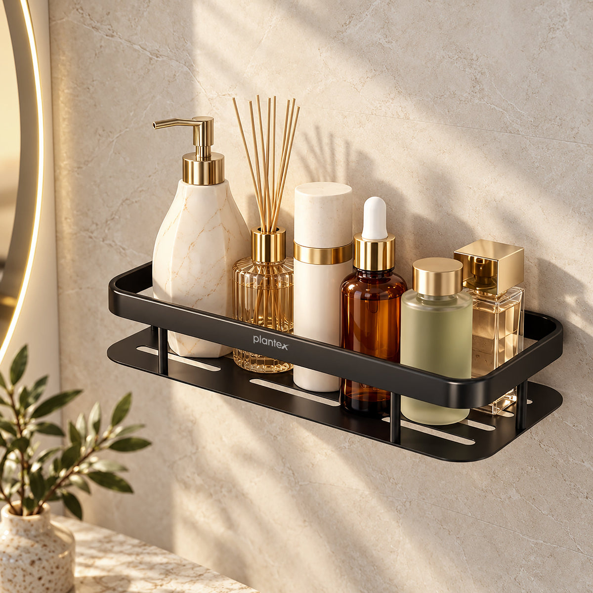 Plantex Aluminium Bathroom Shelf for Wall/Wall Mounted Shelves Without Drill/Self Adhesive Bathroom Shelf/Rack/Kitchen Organizer with Magic Sticker(12x5 inches, Matt Black)-1