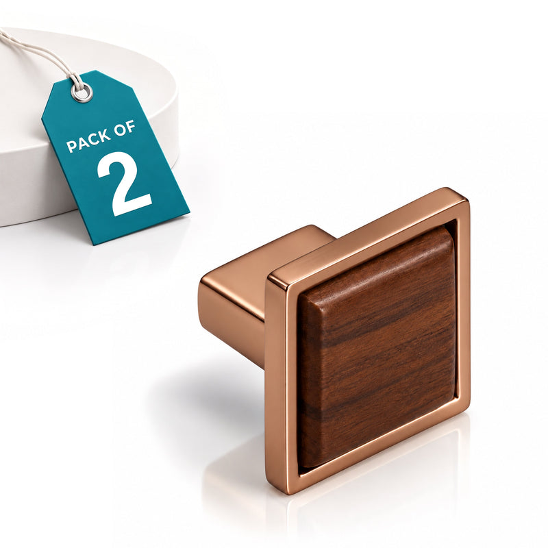 Plantex Square Drawer Pulls and Knobs - Pack of 2 (Rose Gold & Wood) for Kitchen Cabinet, Wardrobe-1