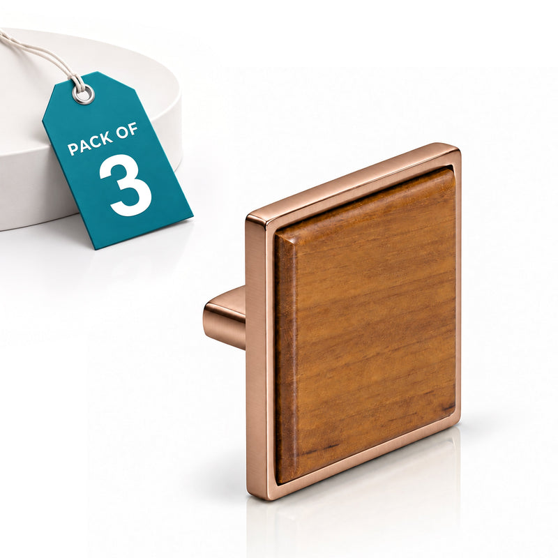 Plantex Knobs for Drawer/Square Drawer Knobs/Knobs for Cabinets/Pull-Push Knobs for Kitchen/Bedroom Drawer - Pack of 3 (Big, Rose Gold & Wood)-1